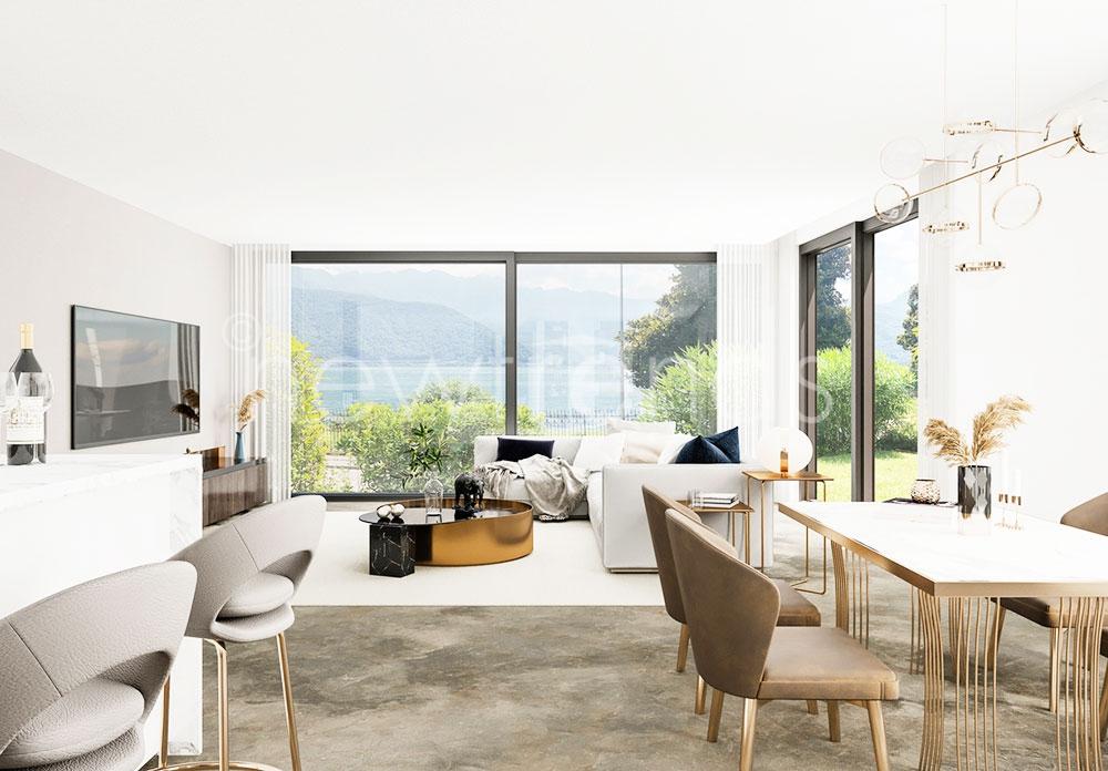 nuovo e moderno appartamento con giardino vista lago a melide: foto render soggiorno pranzo