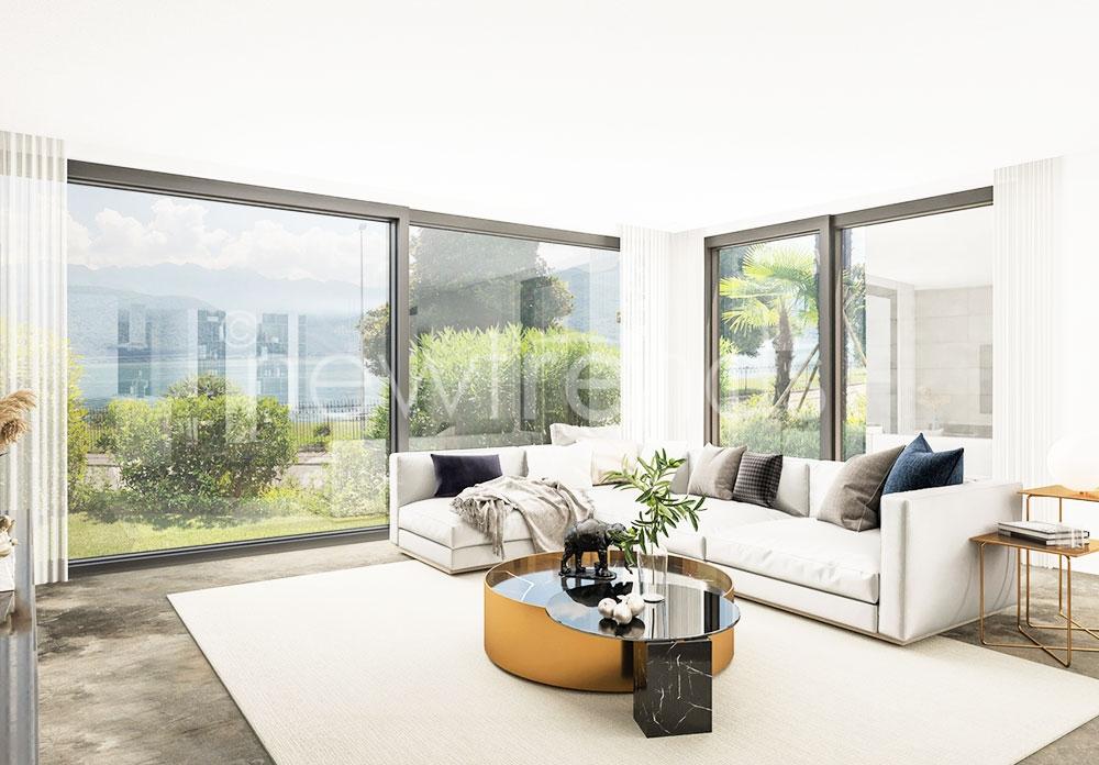 nuovo e moderno appartamento con giardino vista lago a melide: foto render soggiorno