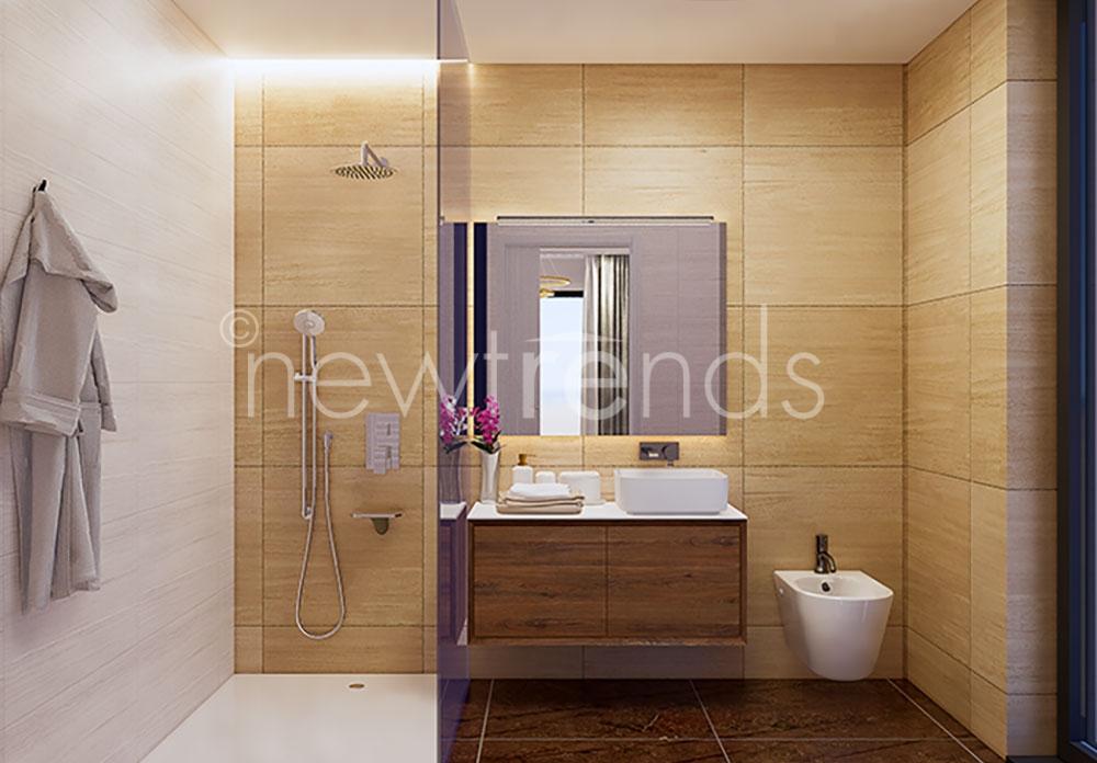vendesi nuovo e moderno appartamento ampia terrazza e vista lago a massagno: foto render bagno con doccia